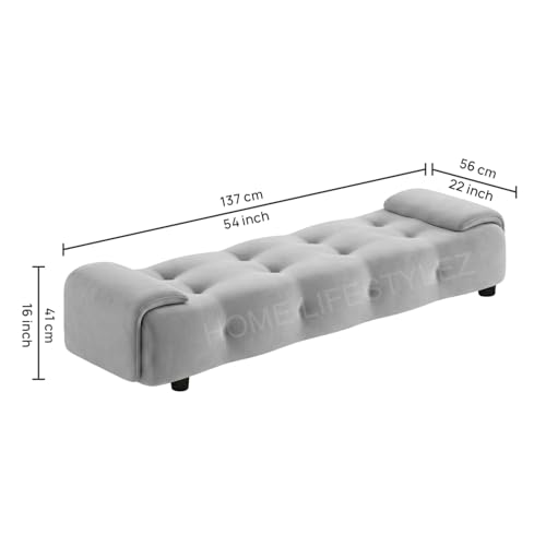 Image of Home Lifestlez Monel 2 Seater Tufted Ottoman Bench | Velvet Upholstered | Seating Bench Window Bench Footrest Stool End of Bed Bench Living Room Furniture | Comfortable & Stylish - Grey