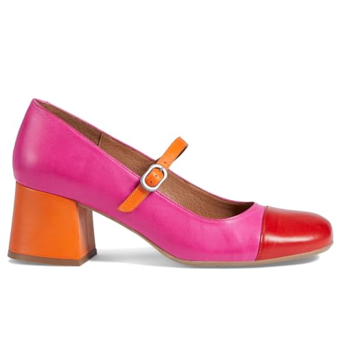 SHODENSE Women Rainbow Pumps Low Chunky Heel Mary Jane Shoes Square Cap Toe Ankle Strap Dress Pumps Two-Toned Mid Block Heel Mary Janes Lolita Shoes Multicolor Patchwork Office Wedding Party 4-11 M US2