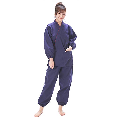 0815 [ニシキ] 作務衣 レディース 上下セット 綿100％ しじら織り[紺色/Lサイズ]