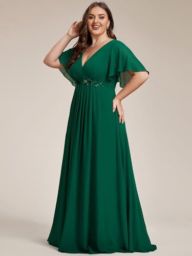Image of Ever-Pretty Short Sleeves V Neck Plus Size Formal Dresses for Curvy Women Chiffon Mother of The Bride Dress Evening Gowns