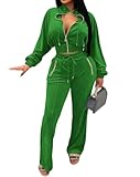 Adogirl Women 2 Piece Outfits Velour Sweatsuit Jogging Suit Full Zipper Sweatshirt + Wide Leg Sweatpants Tracksuit Lounge Set Green L