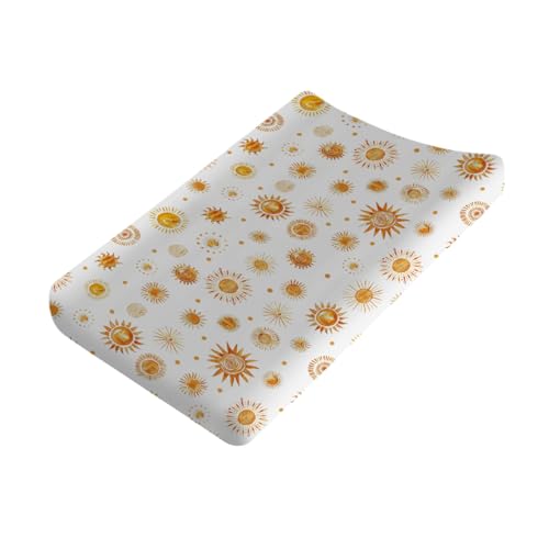 Image of Watercolor Suns Totem Changing Pad Covers Boho Sunshine Diaper Changing Table Sheets for Girl Boy Golden Suns Soft Breathable Stretchy Snug Fitted Baby Changing Pad Table Mats 32''x16''