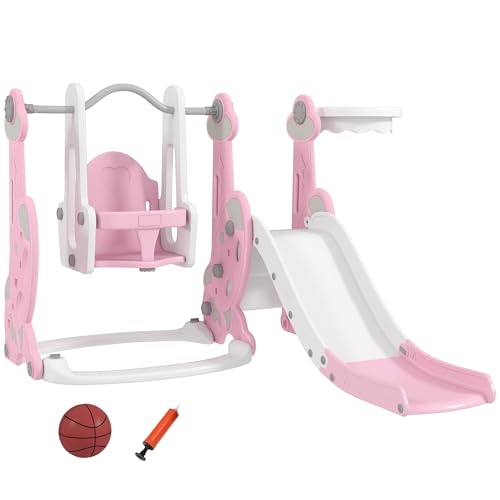 AIYAPLAY Tobogán Infantil 4 en 1 Parque Infantil con Columpio y Tobogán Escalador Aro de Baloncesto Temática de Cohete para Interior Rosa y Blanco