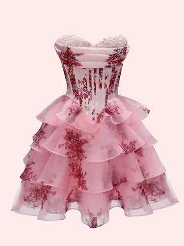 Short Floral Homecoming Dresse for Teens 2025 Tiered Tulle Strapless A Line Prom Cocktail Party Gowns with Ruffles4