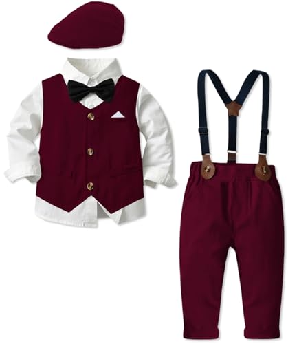 Image of SANGTREE Boys Kids Little Boy Formal Suits Clothes Set, Shirt with Bow Tie Beret Hat Suspender Pants Sets, 3 Months - 9 Years