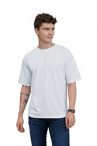 Image of Zilcon Mens Solid Unique Design Tshirt for Men - Round Neck Loose Fit Drop Shoulder Polo Mens T-Shirt