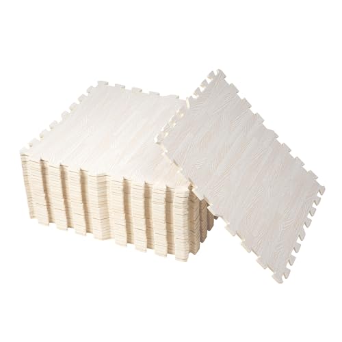 KUJIBGY 25 Pcs Wood Grain Floor Foam Tiles with Tooth Guard Edging Thick EVA Printed Interlocking Foam Floor Mats Anti-Fatigue Floor Mats, 23.62 x 23.62 Inches, for Home,White, S05Y2KM0021