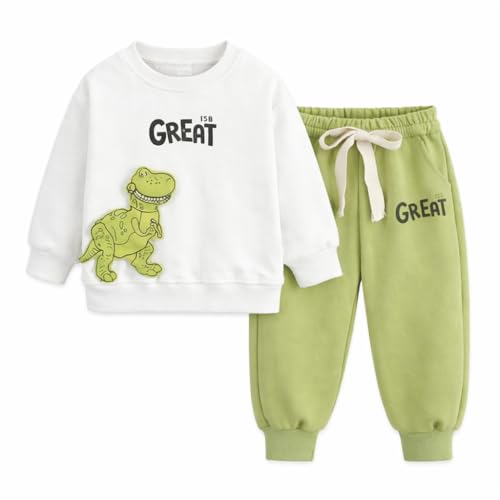 KiCO Kids Clothing Set Dinosaur Print Hosiery Cotton Sweatshirt and Pants Adjustable Rib 2 Months to 5 Years (Standard, White And Green, 3-4 Years)