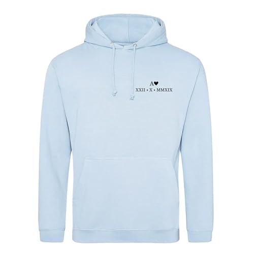 Image of Purple Print House Personalised Couples Hoodies Roman Numerals Anniversary Date His and Her Initial Embroidered - Valentines Day Matching Gifts, XXL, Sky Blue
