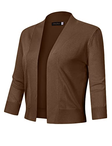 Image of GloryStar Women s 3 /4 Sleeve Cropped Cardigan Sweaters Open Front Knit Short Bolero Shrugs Coffee- XS