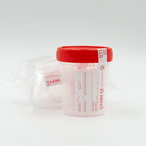 Kashi Scientific Sterile Specimen Cup w/Lid [4oz, 5 Count] Urine Collection Container with Secure Seal Individually Wrapped for Urine or Semen Collection, Disposable Pee Cup w/Safety Label