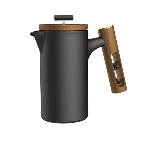 Image of Lector Polaris French Press Coffee Maker I 600ML, Ceramic Manual Coffee & Tea Brewer with Natural Wooden Handle & Lid | Strong Build, Superior Filtration, Innovative 4 Minute Hour Glass Timer (BLACK).