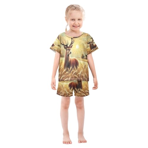 Deer Wheat Field Golden Pajama Set Short Sleeve Summer Pajamas Shorts Sets PJ Clothes Set Soft 5Y3