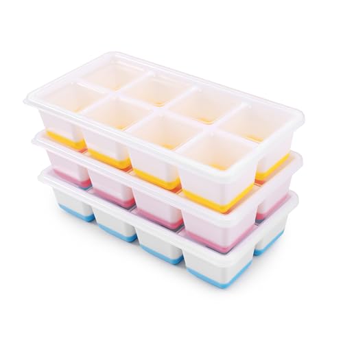 3 Pack Große Silikon Eiswürfelform mit Deckel BPA Frei Eiswürfelbehälter Stapelbar Sichere Gesunde Eiswürfel Form für Cocktail Whiskey Kaffee (Blau+Rosa+Gelb)