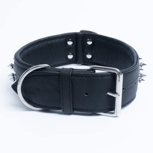 Genuine Leather Spiked Dog Collar | Handmade | Multi-Line Metal Spikes | Soft And Strong Padded Leather | 2 Dee Rings | 28" X 2", Midnight Black | Amsterdam Spiked Collection By Angel Pet Supplies #TOP2