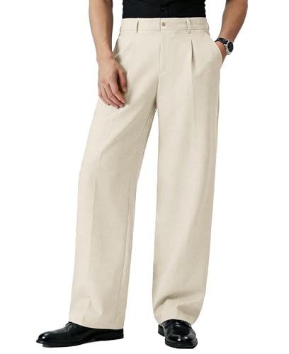Susclude Linen Dress Pants for Men Baggy Pleated Wide Leg