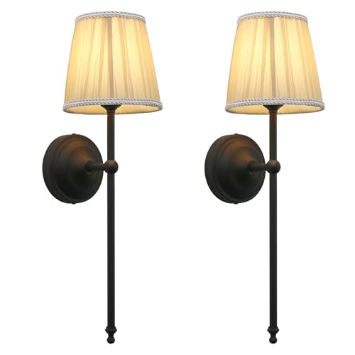 Image of Phansthy Hardwired Brass Boho Wall Sconces Set of 2, Vintage Industrial Wall Lights 2 Pack, Vanity Light Wall Lamps with Lace Gauze Shade for Bedroom Living Room Hallway Decor (Black + Khaki Shade)