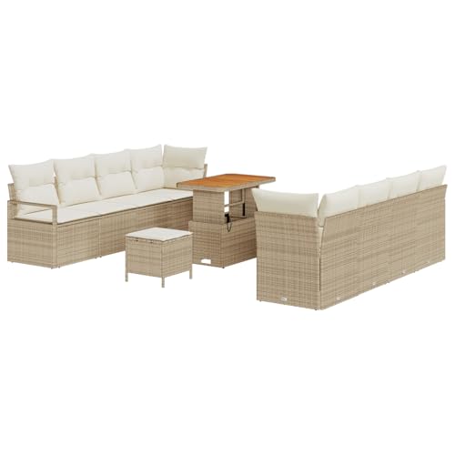Homgoday Juego de sofá de jardín de 11 piezas con cojín beige de polirratán acacia, sofá de 2 plazas con espacio de almacenamiento y cojines beige polirratán, juego de 3 piezas de comedor de jardín