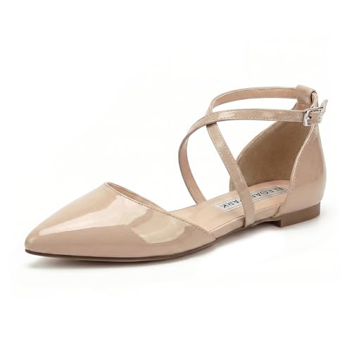 Image of ELEGANTPARK FC2322 Comfortable Satin Pointed Toe Flats for Women Ankle Straps Wedding Flats for Bride Shoes Evening Party Guest Shoes for Women Dressy Low Heel