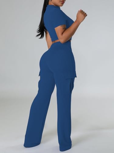 XZLUFNY Women's Summer 2 Piece Sets Short Sleeve Crop Top & Wide Leg Cargo Pants3