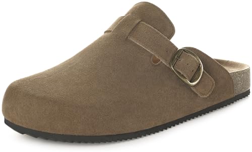 Image of Genuine Suede Clogs Womens Mens Cork Footbed Sandals Potato Shoes | Unisex Suede Leather Mules ,Arch Support,Adjustable Metal Buckle,Cork and Rubber,Wonderful Quality