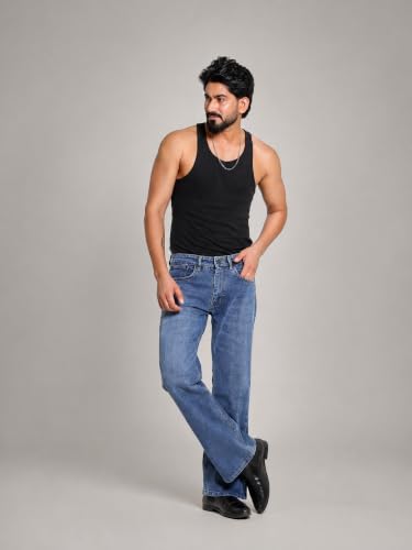 Image of Men's Bootcut Denim Pants || Men's Bell Bottom Jeans || Wide Leg Flared Jean's for Men || High Waist Stretchable Retro Fit || Cotton Jean for College Casual