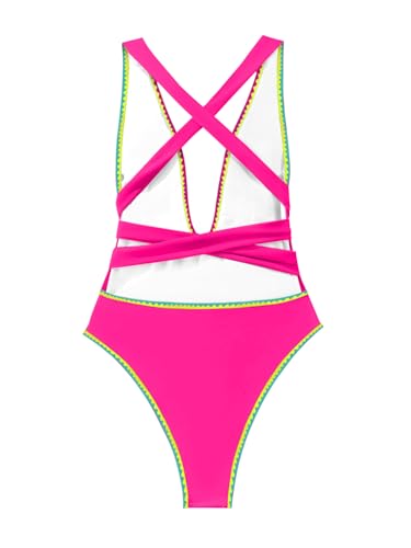 Image of Lilosy Sexy One Piece Swimsuit Women Plunge Bathing Suits Orange Hot Pink M