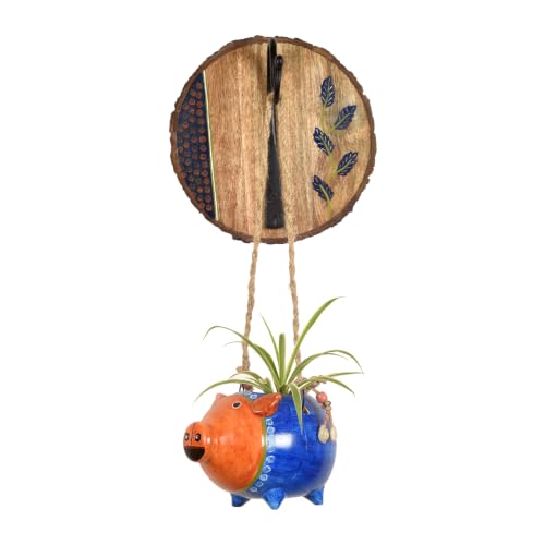 Image of AAKRITI ART CREATIONS Wall Hanging Planter with Hook | Blue Pig Design on Round Hook, Modern Art, Matte Finish | Metal, Terracotta & Wood | Decorative Hanging Pot for Indoor & Outdoor Home Decor