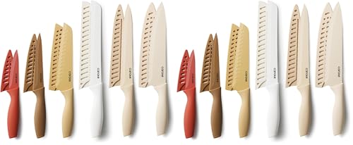 Image of CAROTE Knife Set, 12 Pieces Kitchen Knife Set, 6 Stainless Steel Knives with Blade Guards & Nonstick Ceramic Coating, Rustproof, Color-Coded, Ergonomic Handles (Pack of 2)
