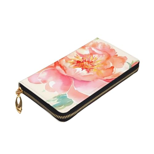 Peach Peony Wallet for Men Women Long Purse Leather Clutch Large Business Handbag Travel Phone Holder Credit Card Holder Money Case with Zipper Leather Wallets Gift3
