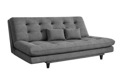 Image of 3-Seater Velvet Sofa Cum Bed | Tufted Convertible Sleeper Sofa | Plush Cushioned Seating | Space-Saving Design for Living Room, Bedroom & Office | Grey