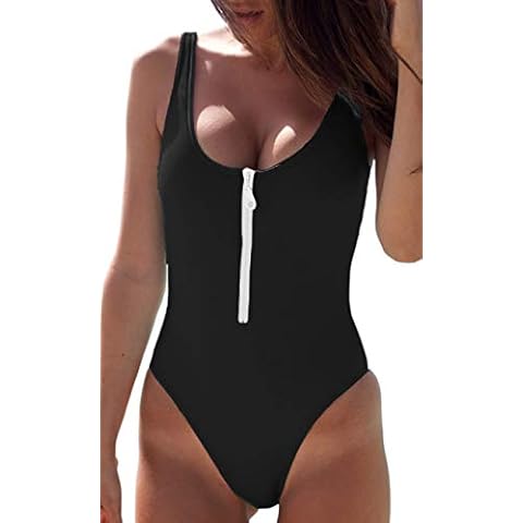 MERCHAM Womens Zipper Front Open Back Push up Padded One Piece Bathing Suit Swimsuit Beachwear Black L Cover