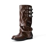 DREAM PAIRS Fold-over Knee High Boots Comfort Low Heel Slouchy Boot Stylish Buckle Long Tall Boots for Women,Size 9,Brown,SDKB26007W