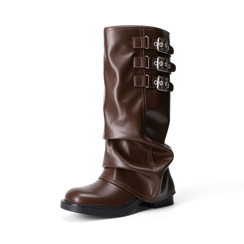 Best Lightweight Boots Under €100? Find Your Perfect Pair! 13 DREAM PAIRS Fold-over Knee High Boots Comfort Low Heel Slouchy Boot Stylish Buckle Long Tall Boots for Women,Size 9,Brown,SDKB26007W