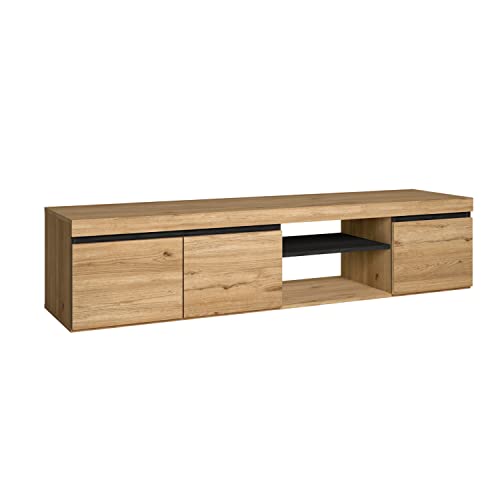 Skraut Home | Meuble TV Modèle Naturale | Couleur Chêne/Noir | Salon-séjour | Support Télévision avec étagères et placards de Rangement | 160 x 40 x 41 cm(Naturale 160)