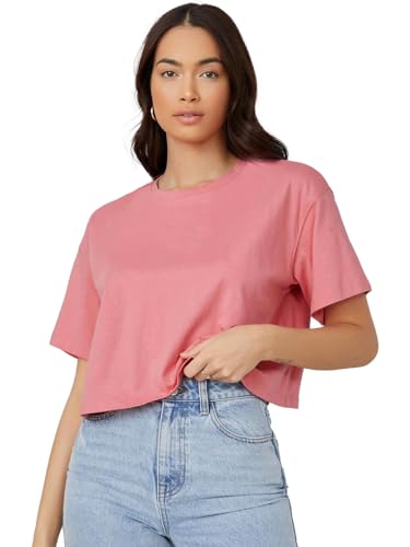 Image of KOTTY Women's Solid Cotton Blend Oversized Crop T-Shirt | Casual Summer Tee