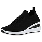  VAN HILL Damen Sneaker Wedges Keilabsatz Schuhe Strick Schnürer Profilsohle Keilsneaker Freizeitschuhe Schnürschuhe 211387 Schwarz 38