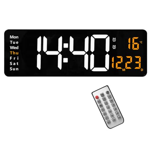 Lancoon Reloj de Pared Digital, 16 Pulgadas Pantalla LED con 10 Niveles Brillo Ajustable Semana Temperatura Calendario Control Remoto Puerto de Carga para Salón Dormitorio