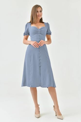 Image of Shasmi Girl's & Women's Solid Midi Dress - Elegant Square Neck Button-Down Dress with Puff Short Sleeves | Stylish Casual & Party & Office Wear Outfit (Dress 105)