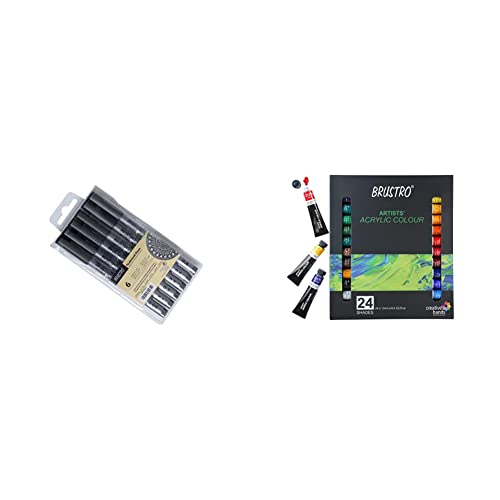 Image of BRUSTRO Technical Pen (Pack of 6) Acrylic Paint Set of 24, Multicolour 12ml Tubes, multicolor (BRAC1224)
