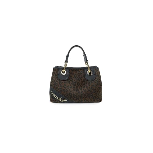 Borsa a mano di piccole dimensioni in materiale effetto cavallino dalla fantasia leopardata. Con doppi manici, chiusura con clip e tracolla in nastro logato rimovibile e regolabile che ne permette la doppia portabilità. All'interno una pochette totalmente estraibile e utilizzabile come seconda borsa a cui è possibile agganciare la tracolla a nastro. I dettagli in similpelle nera, le finiture dorate e la tracolla logata removibile aggiungono un tocco sofisticato e contemporaneo.