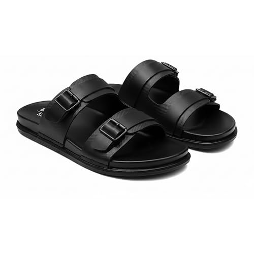 Image of BRUTON Men's STRIVO-1141 Wedge Sandals | Adjustable Buckle Toe Ring Comfort Sandals | Lightweight Cushioned Footbed | Anti-Slip Casual Outdoor & Daily Wear Footwear | Black