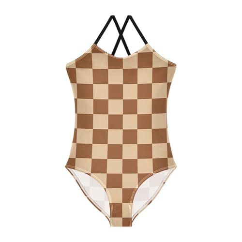 Image of Black and White Chess Girls One Piece Swimsuits Board Marble Tile Sport Halter Swimwear Beach Bathing Suit 3T