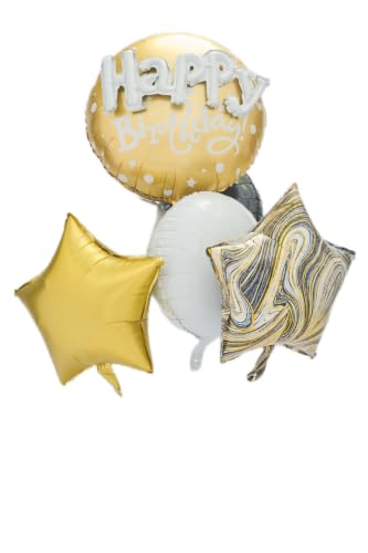 Image of Happy Birthday Balloon Bouquet, Gold White Black, Foil Balloons, Star and Marble Design, Party Decoration