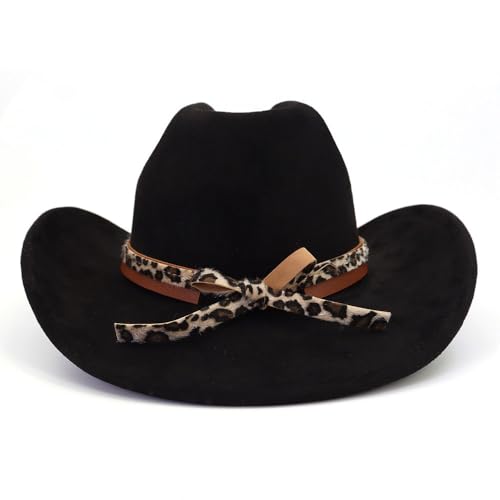 Image of Classic Suede Cowboy Hat for Adult Wide Brim Western Cowgirl Hat Women Fedora Hat with Leopard Print Hatband