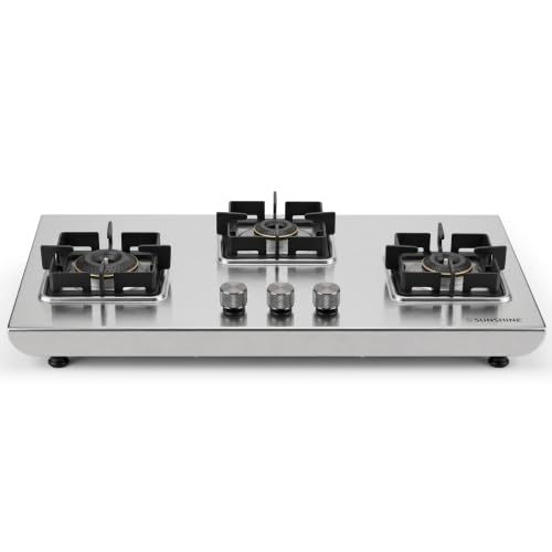 Image of Sunshine Osaka 3 Burner Stove | Auto Ignition Chulha | 3 Burner Gas Stove, Warranty By Sunshine - 5 Years On Burner | Brass Burner, ISI Certified, LPG Ready (Silver)