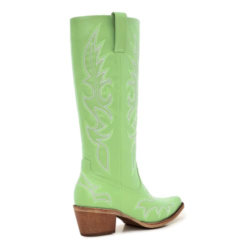 Image of Uillnoodu Women's Turquoise Cowgirl Boots - Wide Calf Mid Calf Western Boots Plus Size Embroidered Cowboy Style with Block Heel
