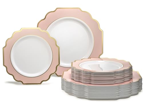 " OCCASIONS " 80 Plates Pack,(40 Guests) Heavyweight Premium Wedding Party Disposable Plastic Plates Set -40 x 10.5'' Dinner + 40 x 8'' Salad/Dessert(Imperial in Blush & Gold) by OCCASIONS FINEST PLASTIC TABLEWARE - Used condition - US$34.15