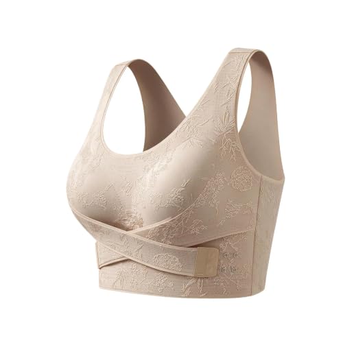 Bras for Women No Underwire Bras for Women Push Up High Support Front Closure Posture Correcting Wireless No Underwire Crossy Back Support Bra Beige XL - image 6