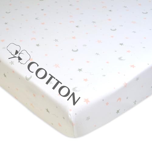 Image of American Baby Company 100% Natural Cotton Fitted Pack and Play Sheet 39 inch x 27 inch - Soft & Breathable Pack N Play Sheet for Playpen, Playard & Mini Crib Mattress, Pink Stars and Moon, for Boys & Girls